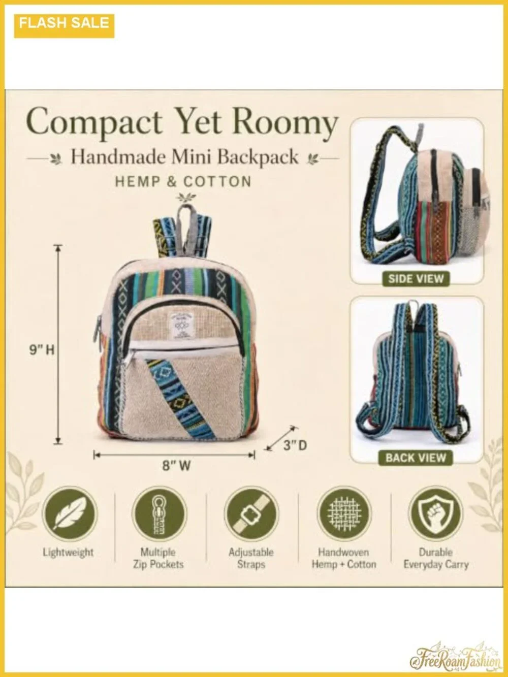 Boho Hippie Hemp Cotton Mini Daypack Backpack Eco Friendly Handmade